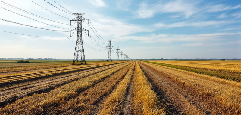 Poste de Red Eléctrica en Campo Verde Bajo Cielo Azul, Simbolizando la Infraestructura de Smart Grids Imagen de un poste solitario de red eléctrica en un extenso campo, representando las Smart Grids.